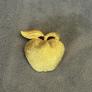 Vintage Coro Apple Brooch Gold Tone Textured Fruit Pin 1.25" Signed Teacher Gift